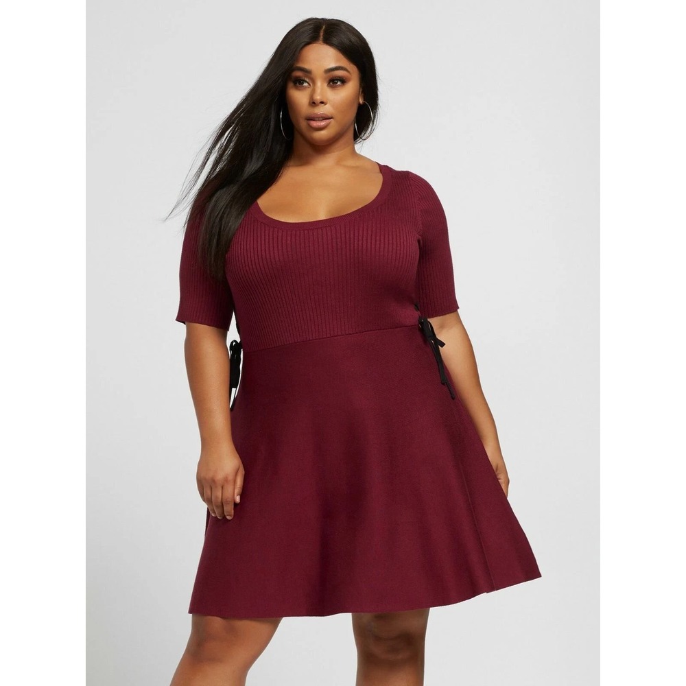 Fashion To Figure Burgundy Ribbed Knit Flare Sweater Dress Lace Up Sides Size 2
